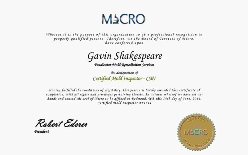 Certified Mold Inspector Certificate