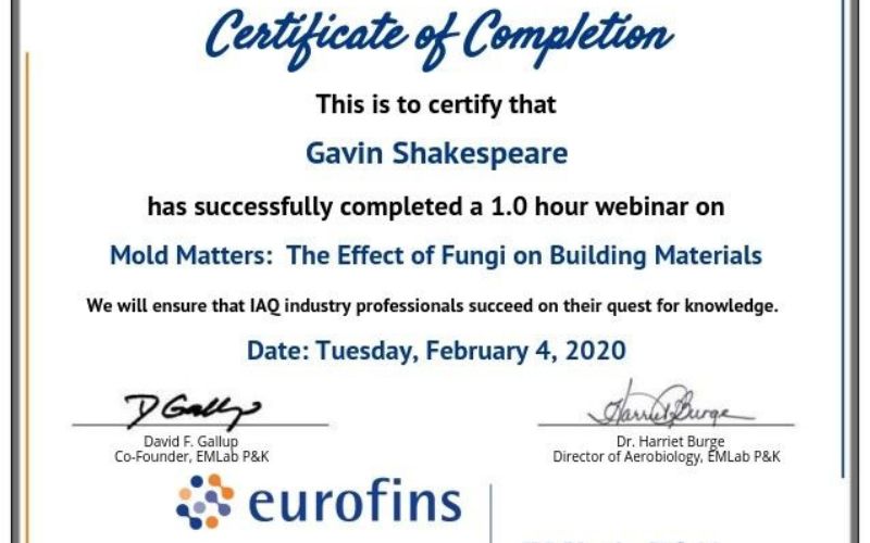 The effect of Mold on Building Materials Certificate